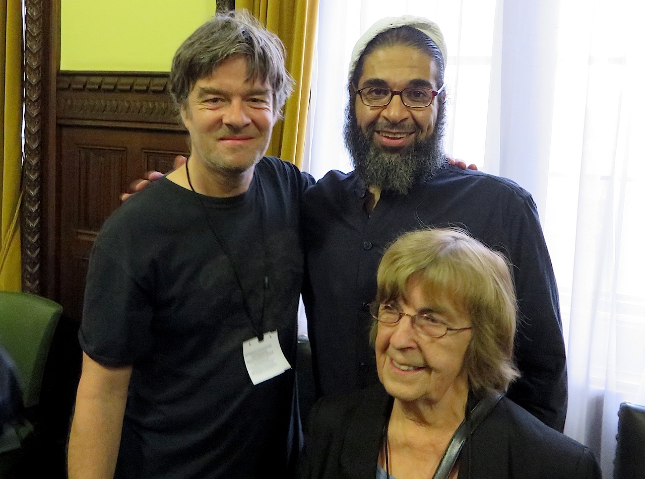 Shaker Aamer with Andy Worthington and Joy Hurcombe, the chair of the Save Shaker Aamer Campaign, at a meeting in the Houses of Parliament on November 17, 2015.