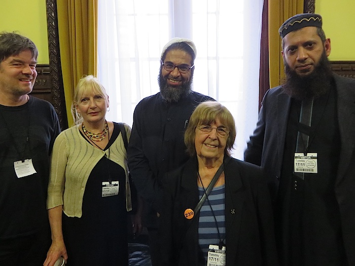 Shaker Aamer after his release from Guantanamo at a meeting in the Houses of Parliament on November 17 with, from L to R, Andy Worthington, Patricia Sheerin-Richman and Joy Hurcombe of the Save Shaker Aamer Campaign, and the broadcaster and teacher Suliman Gani.