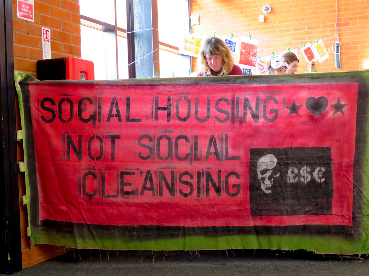 A banner in defence of social housing at the Anarchist Bookfair in Tottenham on October 28, 2017 (Photo: Andy Worthington).