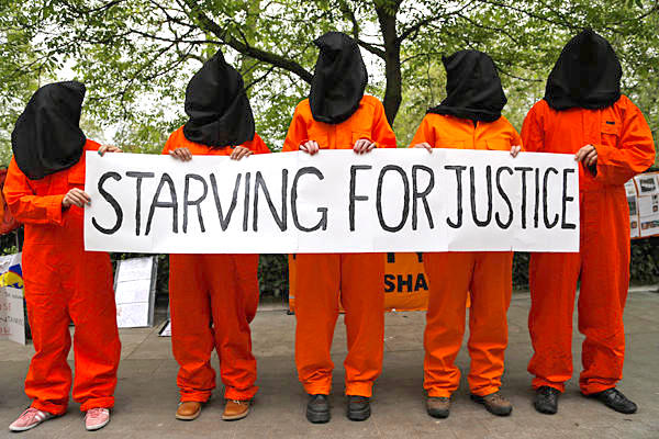 Starving for justice: protestors outside the US Embassy in London in 2013, during the prison-wide hunger strike that year.