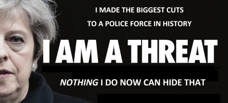 A poster promoting Theresa May as a threat, an adaptation of a billboard campaign, via the Vox Political website.