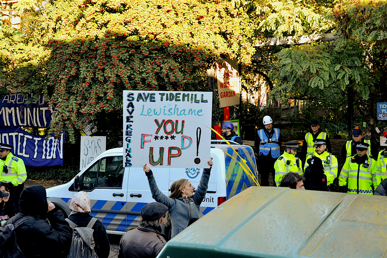 A photo by Anita Strasser of th eviction of the Old Tidemill Wildlife Garden in Deptford on October 29, 2018.