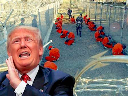 A collage of images of Donald Trump and Guantanamo on its first day back in January 2002.