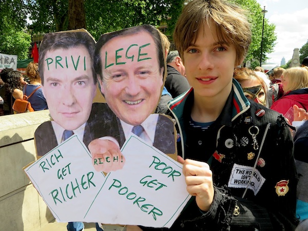 My son Tyler Worthington at an anti-austerity protest in May 2015 (Photo: Andy Worthington).