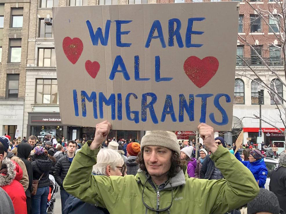 "We are all immigrants": a protestor in Boston's Copley Square on January 29, 2017, after Donald Trump issued his first Muslim ban (Photo: NBC Boston).