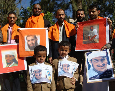 The families of prisoners still held at Guantanamo protest about their relatives' ongoing imprisonment in Sana'a in April 2013.